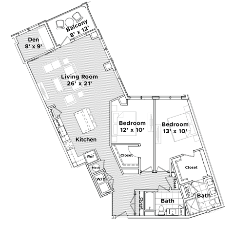 Floor plan for 2 beds, 2 baths, 1565 sqft
